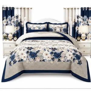 ️ Luxury 9-Piece Reversible Prewash King Quilt Set with Matching Curtains | Blue Floral Collection / Juego de Quilt King Reversible de 9 Piezas con Cortinas a Juego | Colección Floral Azul de Lujo