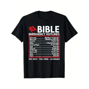 Cotton Short Sleeve  T-Shirt Bible Emergency Numbers - Funny Christian Bible & Jesus T-Shirt 100% Cotton, Halloween Thanksgiving Christmas Gift for Men Family Friends, S-XXXL, Black