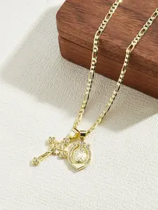 Elegant Virgin Mary & Jesus Cross Pendant Necklace, Luxurious Brass Plated Religious Jewelry, 24 Inch Figaro Chain, Women's Daily Wear