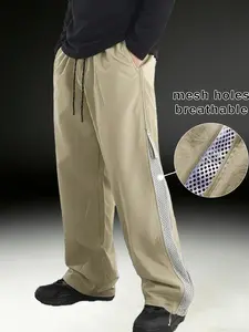 Men's Black Wide-Leg Tech Pants, Water-Resistant Fabric, Side Zipper Mesh Detail, Drawstring Hem, Breathable, Ideal for Streetwear, Casual Wear, Daily Outings, and Urban Style, a trendy functional wardrobe staple.