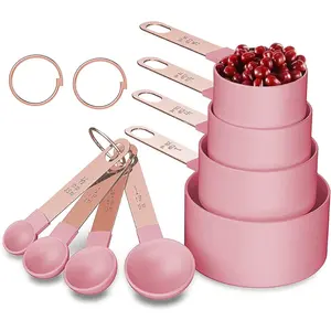 Rose Gold Stainless Steel Handle Measuring Cups and Spoons Set, 8 Piece Stackable Accurate Tablespoon for Measuring Dry and Liquid Ingredients Small Teaspoon with Plastic Head (Pink)