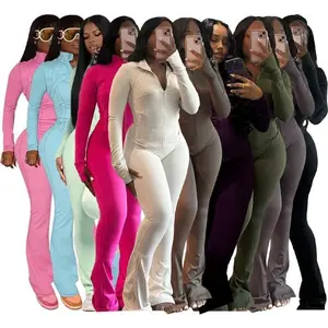Women’s 2-Piece Lounge Set – Cozy Zip-Up Crop Jacket & Flare Pants Tracksuit |       Stretchy Workout Outfit for Home, Gym & Streetwear