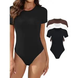 Elegant 3-Piece Women’s Short-Sleeve Bodysuits – Comfortable Fit in Black, White, & Navy – Stretchable Polyester/Spandex Blend, Non-Sheer Fabric – Chic Knitted Crew Neck