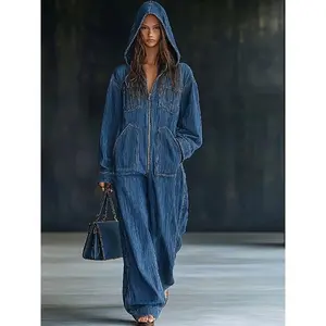 Autumn and Winter New European and American Hooded Jumpsuit Denim Women's Clothing, Spring New American High Street Pants, Lazy Casual Style