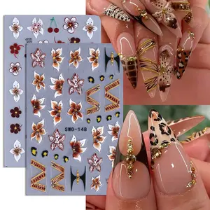 2 Sheets Autumn Floral Nail Art Design Stickers, 3D Lily Flower Cherry Leopard Print French Manicure DIY Nail Decals, Perfect for Women & Girls