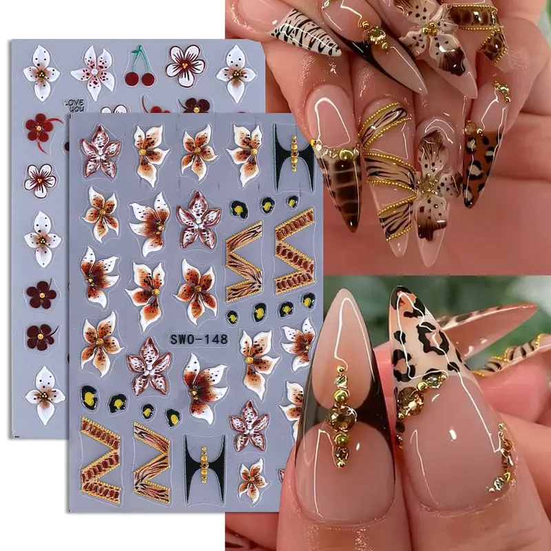 2 Sheets Autumn Floral Stickers, 3D Lily Flower Cherry Leopard Print French Manicure DIY Nail Decals, Fall Nails, Perfect for Women & Girls
