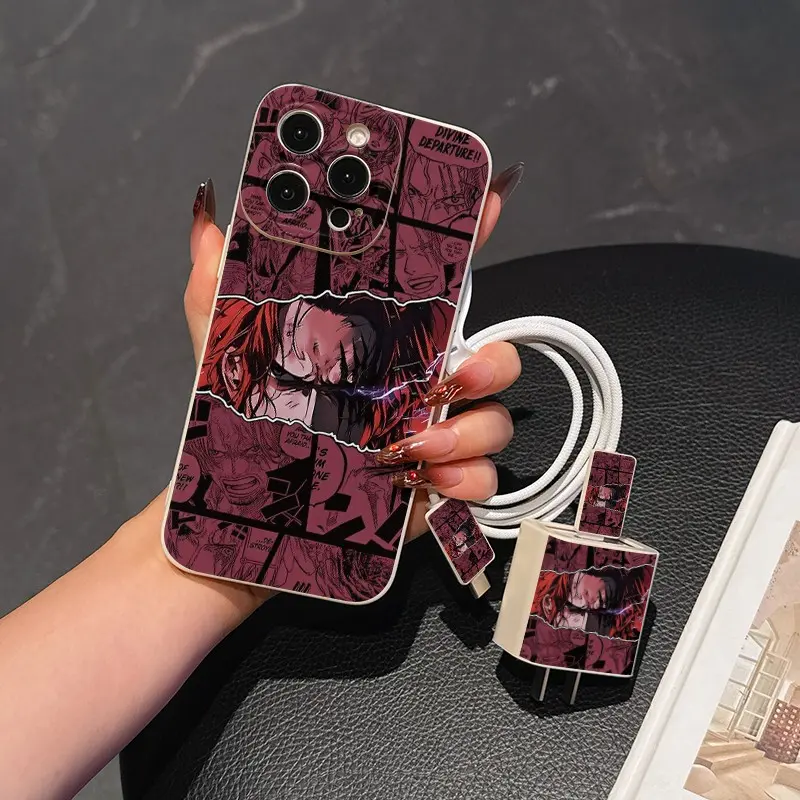 5 Piece Set Antique Anime Phone Case, Charger Head Cover, Cable Protector, Storage Rope, Anti-Drop Tpu Case for iPhone 6-17 Pro Max