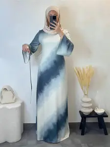 Elegant Blue Gradient Tie-Dye Dress, Soft Fabric Muslim Long Dress, Bell Sleeve, Suitable for Daily Wear and Travel