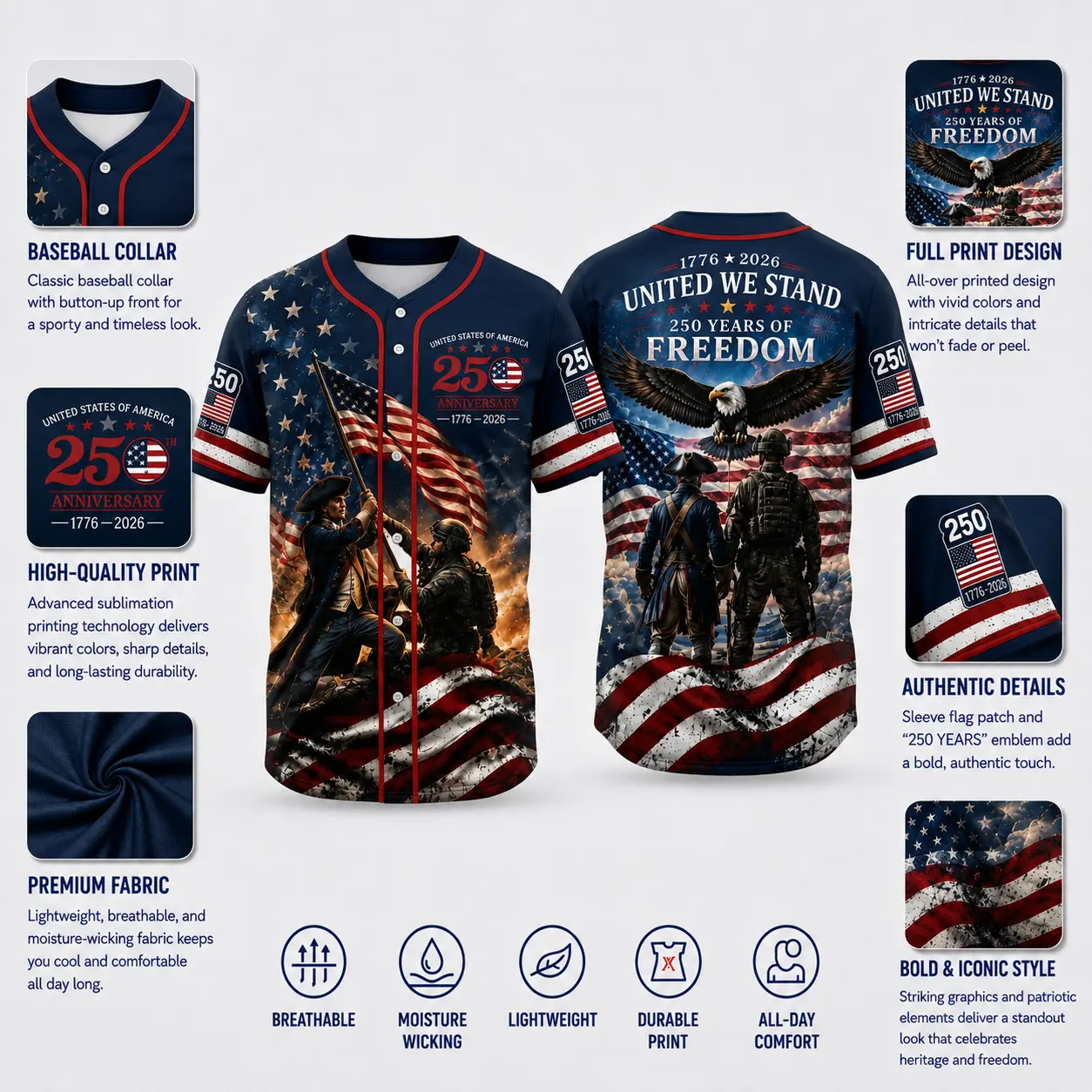 America 250 Years of Freedom Baseball Jersey | United We Stand Vintage Patriotic US Flag Military Men's Shirt