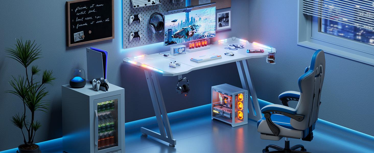 Ecofurnix 47/55/63 Inch Gaming Desk with LED Lights Carbon Fibre Surface Gaming Table Large Computer Desk Ergonomic Home Office Desks Z Shaped PC Gamer Workstations with Cup Holder & Headphone Hook White pu recliner leather adjustable work from new Ecofurnix 47/55/63 Inch Gaming Desk with LED Lights Carbon Fibre Surface Gaming Table Large Computer Desk Ergonomic Home Office Desks Z Shaped PC Gamer Workstations with Cup Holder & Headphone Hook White pu recliner leather adjustable work from new