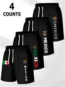 Men's Drawstring Waist Shorts with Pockets, 4-Piece Sporty Set, Ideal for Outdoor Wear, Comfortable Mexican Emblem Print, Summer Fashion, Summer Outdoor Bottoms