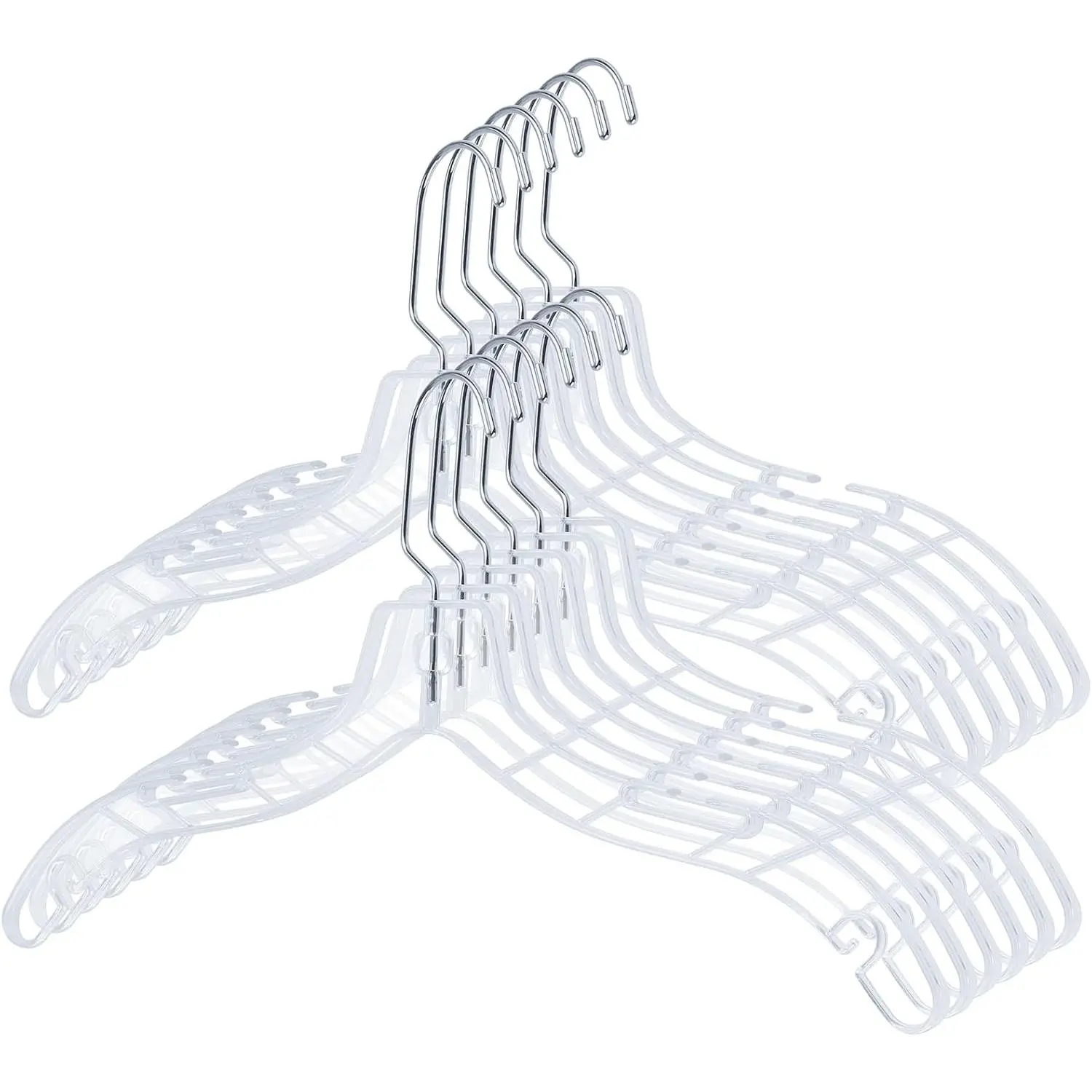 12 count Clear Plastic Hangers: Shirt, Skirt, Sweater, Suit, Jacket Hangers with Non-Slip Grooves, Heavy Duty, Clear Color, Metallic Finish