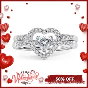 Delzzad Halo Heart Cut Ring Set Heart Pair Stacking Ring Band D Color VVS Synthetic Moissanite Ring Jewelry Silver-plated Band Wedding Band Engagement Ring Set Promise Ring Women's Ring for Engagement, Wedding Anniversary & Valentine's Day Gifts