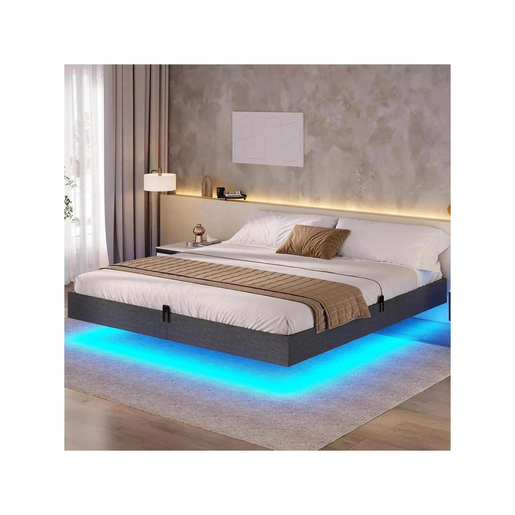 King Size Upholstered Floating Bed Frame, LED Bed Frame With Underbed Storage Space, No Box Spring Needed, Dark Grey