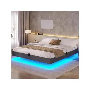 King Size Upholstered Floating Bed Frame, LED Bed Frame With Underbed Storage Space, No Box Spring Needed, Dark Grey