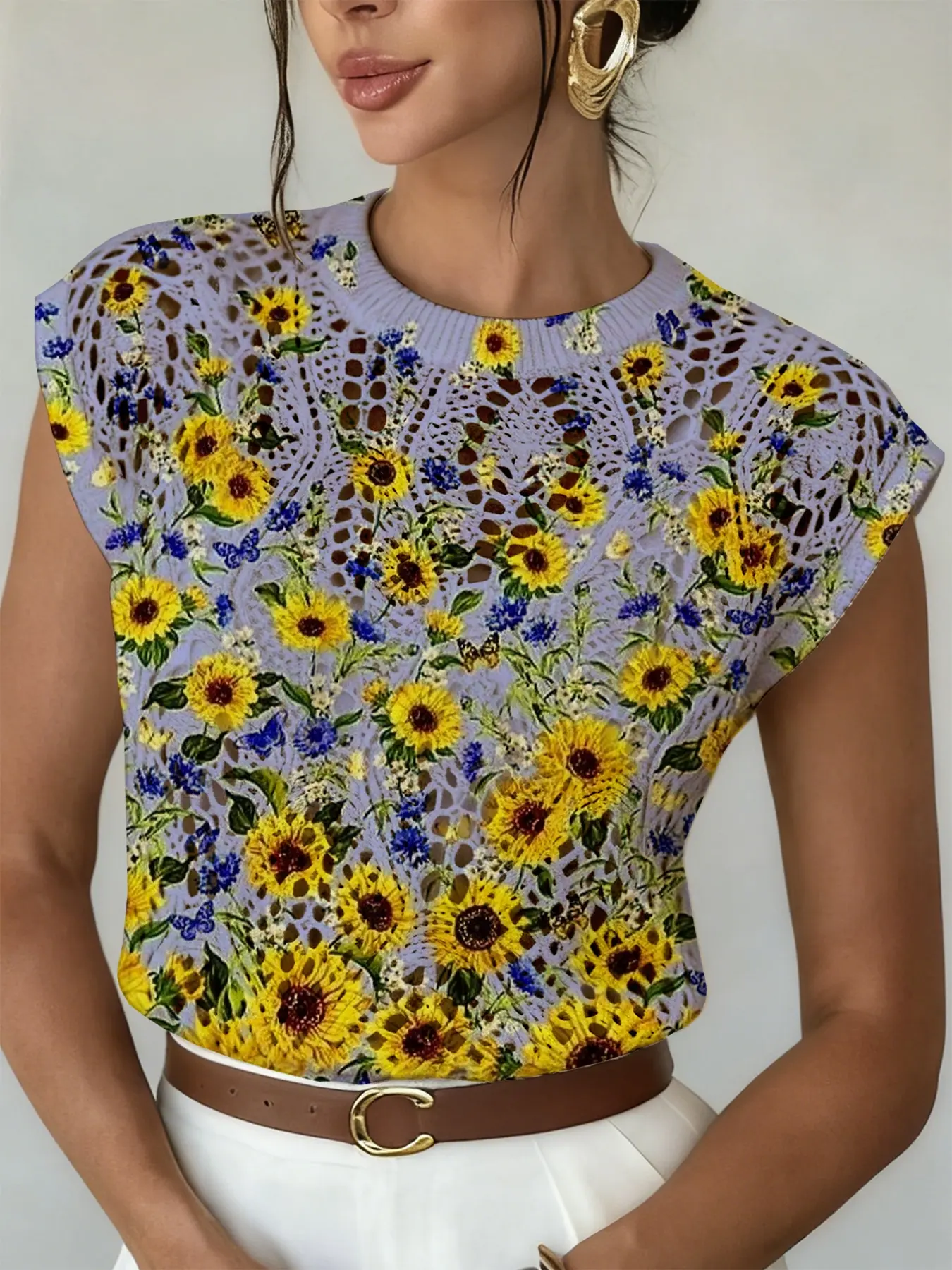 Women's Boho Sunflower Print Floral Hollow Out Round Neck Knit Sweater, Casual Loose Fit Pullover, Comfortable All-Season Top