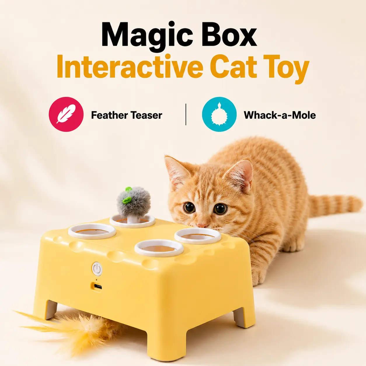2-in-1 Interactive Cat Toy: Automatic Whack-a-Mole & Rotating Feather Teaser, 3 Play Modes, Non-Slip Weighted Base, Smart Auto Shut-Off, USB-C Rechargeable, Cat Enrichment for Bored & Picky Indoor Cats