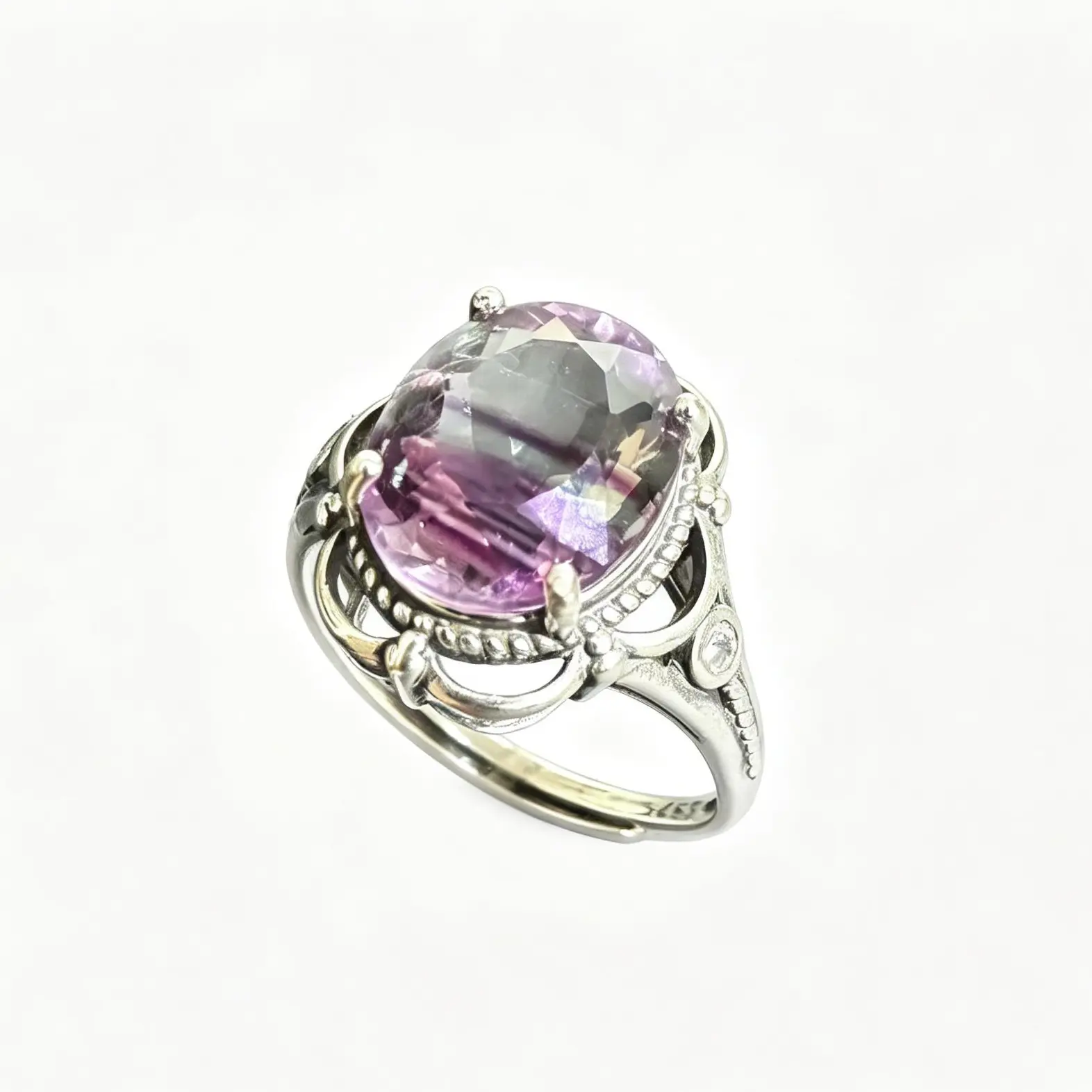 12×10mm Natural Rainbow Fluorite Vintage 925 Sterling Silver Adjustable Ring | Boho Statement Ring