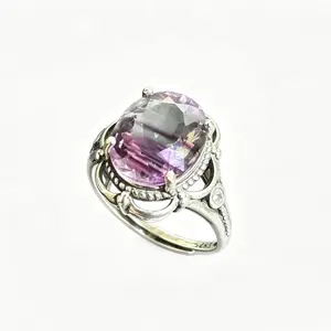 12×10mm Natural Rainbow Fluorite Vintage 925 Sterling Silver Adjustable Ring | Boho Statement Ring