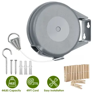 Telescopic Clothesline Outdoor - Portable Heavy Duty Indoor and Outdoor Clothesline - 49 Feet PVC Telescopic Clothesline with Wall-Mounted Hook for Hanging Wet Clothes and Dry Clothes - Easy to Install (Gray)