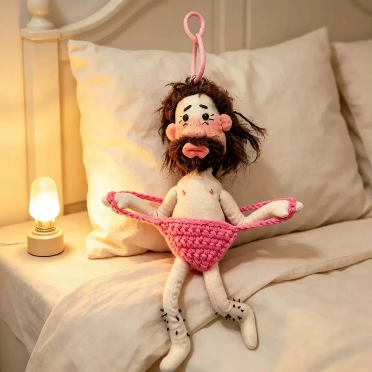 Ugly and Cute Bikini Caveman Doll Keychain, Funny Pink Knitted Underwear Pendant for Backpack Ornament