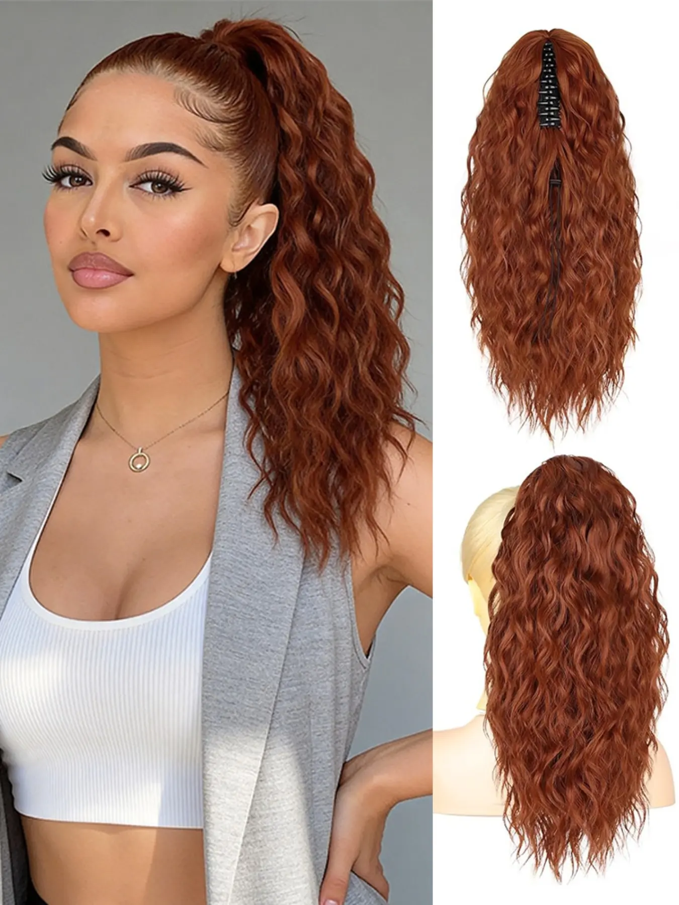 18 Inch Copper Claw Clip Ponytail Extension, Wavy Curly Synthetic Hairpiece, Natural Fake Ponytail for Women, All Seasons