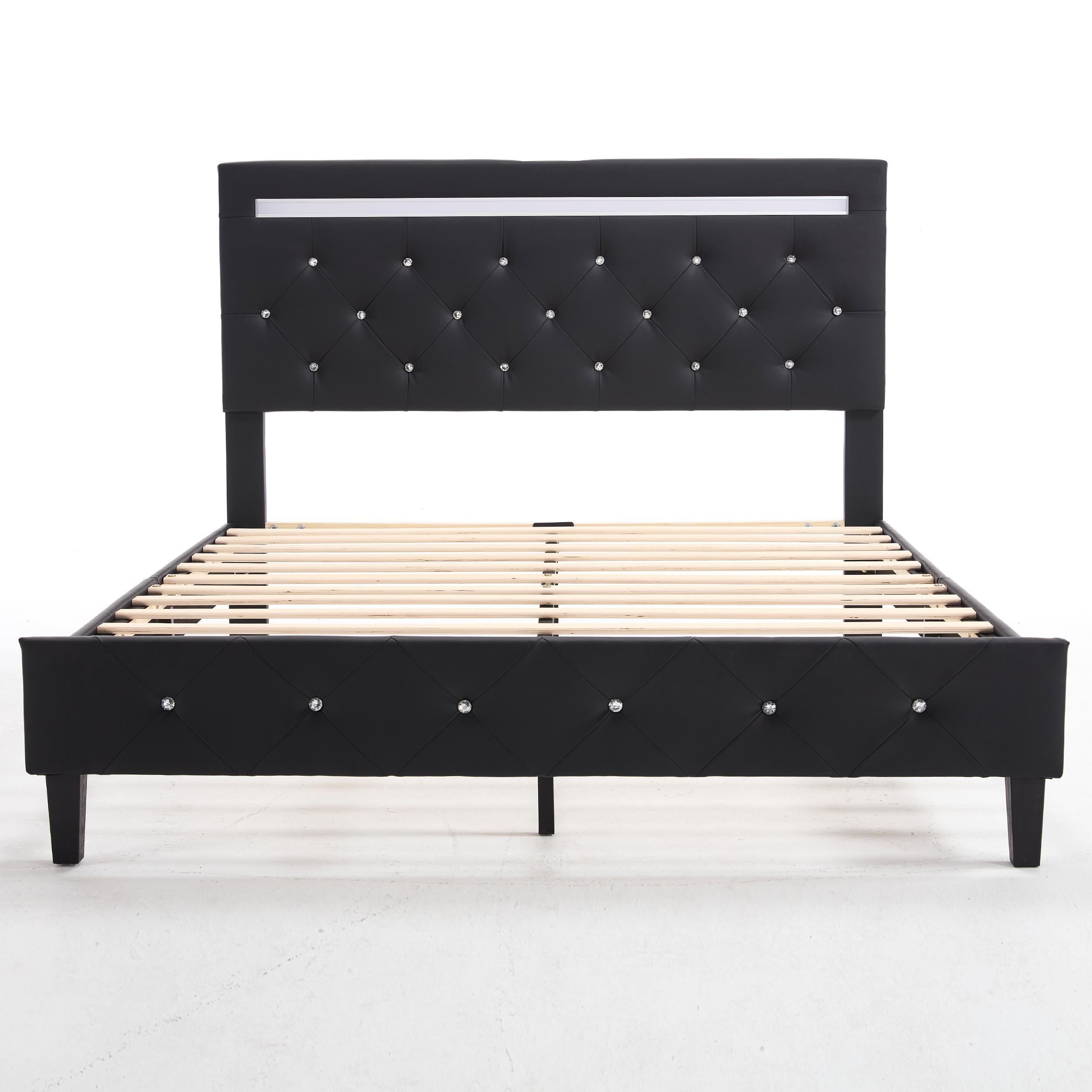 Queen Size Modern Platform Bedframe - Faux Leather Contemporary Upholstered Bedframe with RGB LED Light Headboard, Crystal Button Tufting, Adjustable Headboard, USB Port Charging Station, Sturdy Wood Slats, Hidden Storage, No Box Spring Needed, Black