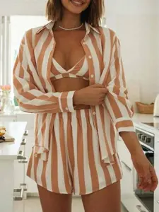 Ladies Summer 3 PCS Set - Striped Button-Up Top with Matching Shorts Fashionable Women's Outfit V-Neck Design for Warm Weather Casual Fabric