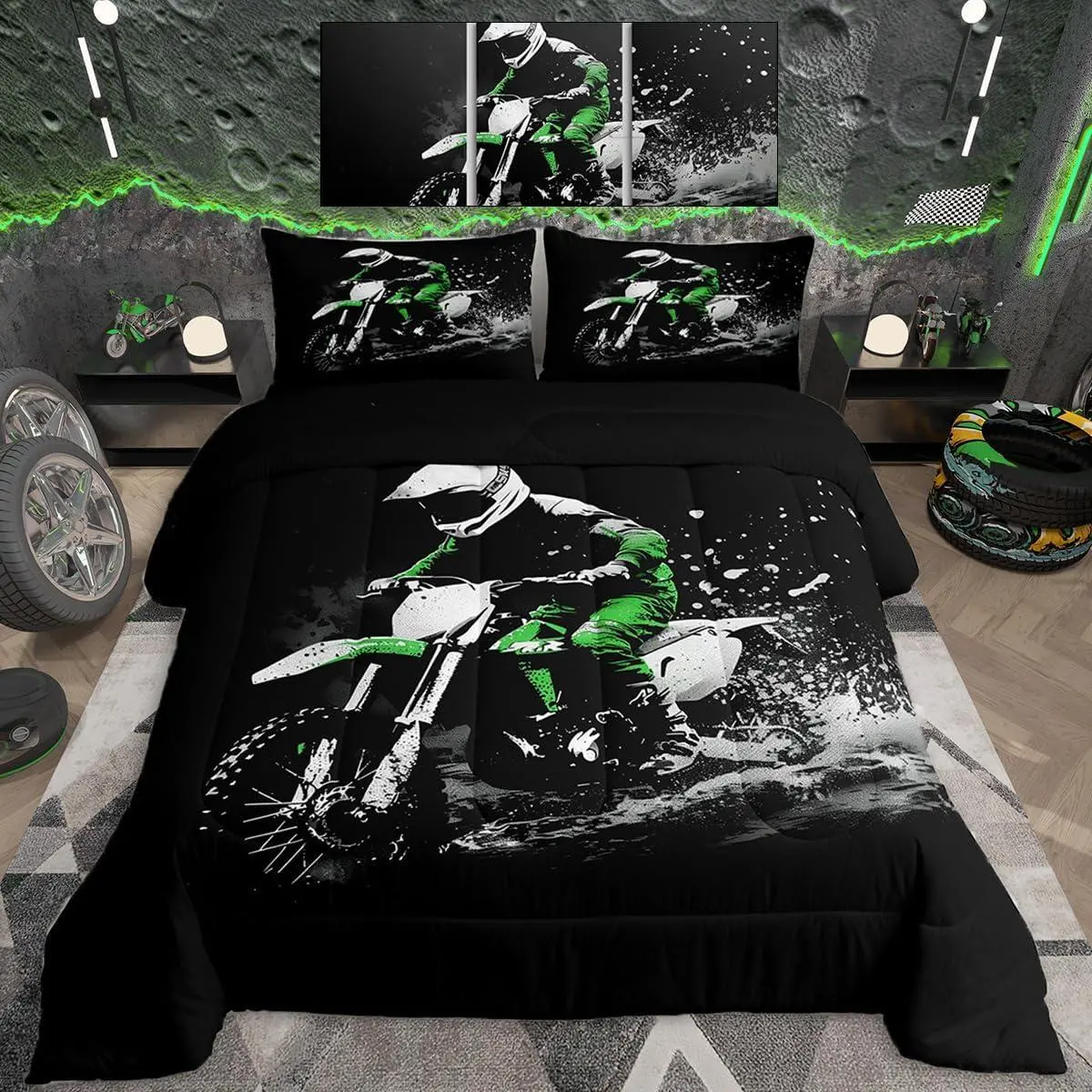 Dirt Bike Comforter Set Racing Themed Bedding Set Ultra Soft Racing Motocross Rider Comforter for Kids Boys Girls Motorcycle Duvet Quilt Bedroom Decor Motorbike Quilt