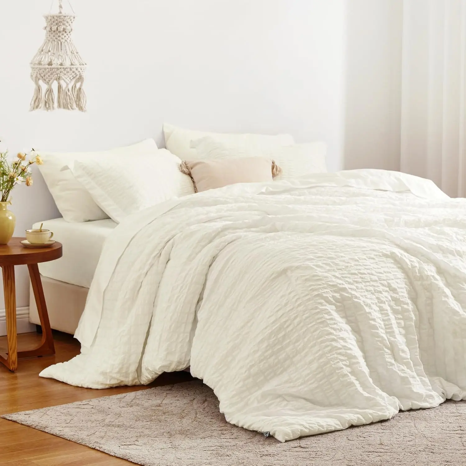 Ivory Seersucker 7-Piece Full Bed Comforter Set, All-Season Bedding Set with Comforter, Flat Sheet, Fitted Sheet, Pillowcase & Pillow Sham, Bedding Sets