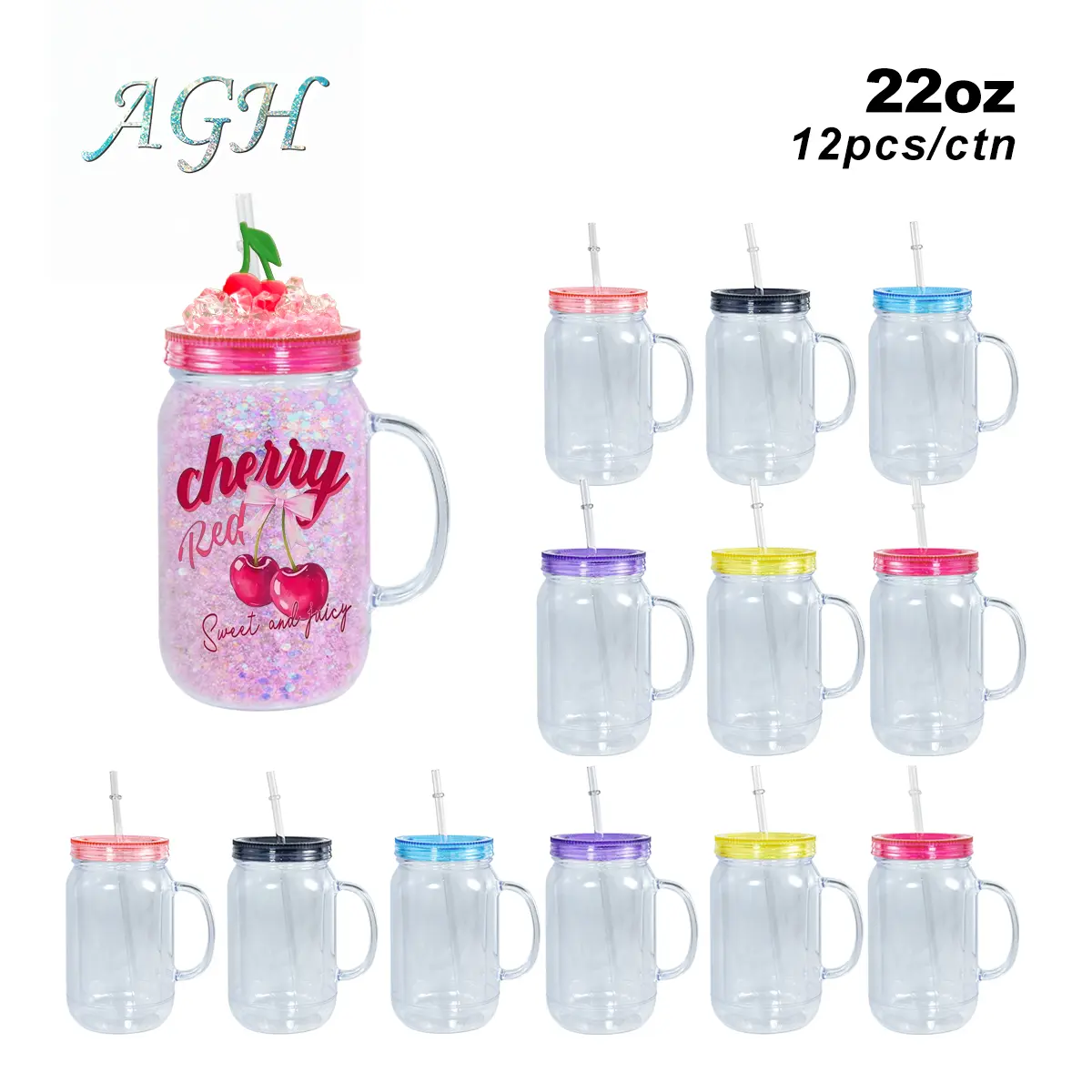 AGH US [New Arrived] 22OZ Snow Globe Plastic Mason Jar Double Wall Acrylic Handle Tumblers with Color Lid for DIY Glitter Gift