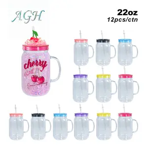 AGH US [New Arrived] 22OZ Snow Globe Plastic Mason Jar Double Wall Acrylic Handle Tumblers with Color Lid for DIY Glitter Gift