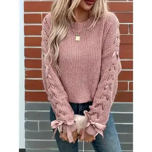 Women'S Soft Pink Oversized Bow Sweater - Cozy Loose-Fit Long Sleeve Round Neck Winter Sweater with Medium Stretch, Layering Essential for Casual & Semi-Formal Outfits, Warm Winter Sweater for Women, Soft Pink Sweater for Fall and