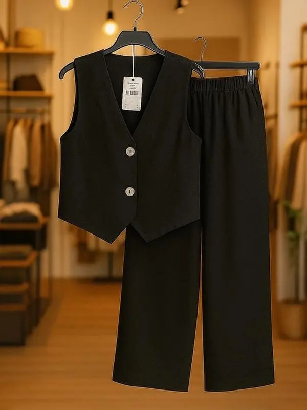Classic Black Sleeveless Waistcoat & Wide-Leg Trouser Co-ord Set for Effortless Elegance Comfortable All-Day Wear Flattering Modern Cut Perfect for Layering