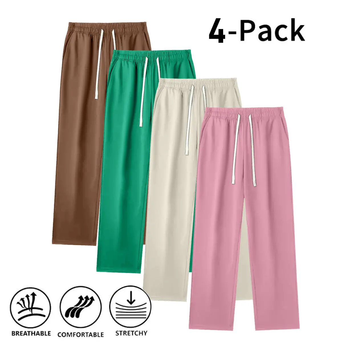 Men's Basic 4-Pack Casual Drawstring Polyester Sports Pants - Solid Color, Loose Fit, All-Season, Long with Pockets, Home Loungewear, Ideal Christmas/Thanksgiving Gift, All Seasons