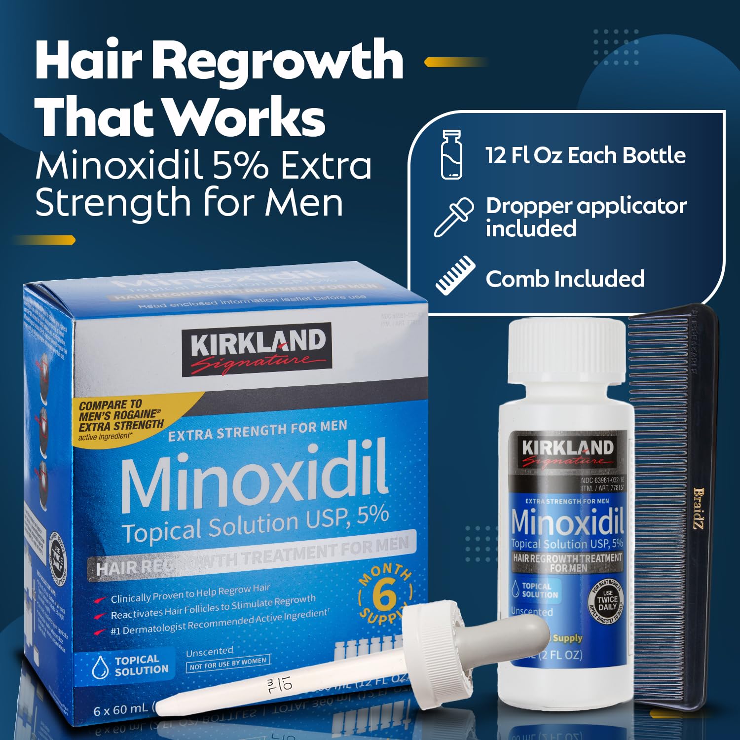 Kirkland Minoxidil 5% Extra Strength1, 3, 6, 12 Months Supply Men HairRegrowth (New Packaging) Hair CareComfort Serum.