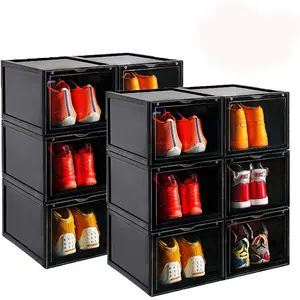 AOTENG STAR Black Storage Shoes Box Womens Mens Shoe Storage Display Box Plastic Foldable Stackable Shoe Container Clear Closet Shelf Shoe Organizer-6 Pack