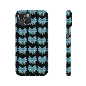Neon Turquoise Bow Slim Phone Case, Coquette Design, Black Background, Green Glow, Fashionable Phone Accessory, Trendy Tech Cover, Chic