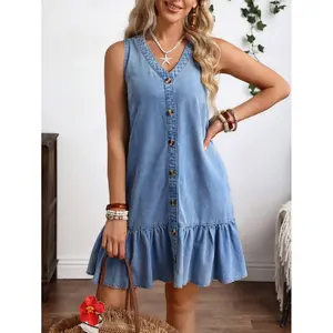 Woman's Light Washed Denim Sleeveless V-Neck Button Down Ruffle Hem A-Line Casual Dress, Breathable Soft Loose Fit With Side Pockets, Flattering Retro Blue Versatile Dress For Daily Outing Beach Vacation Picnic Campus Date Spring Summer Wear