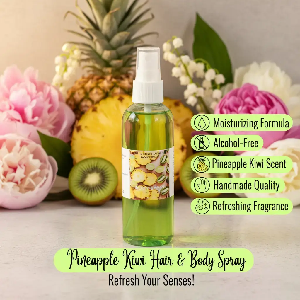 Pineapple Kiwi Moisturizing Body & Hair Spray. Handmade Alcohol Free Hair Mist - Refreshing Fragrance for Dry Skin Scent Floral Haircare