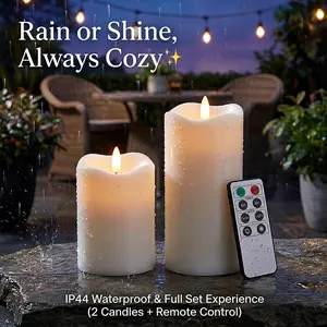 2-pack,Outdoor IP44 waterproof flameless candles, realistic twinkling LED cylindrical plastic candles, 2400+ hrs runtime, includes remote control, loop timer, Powered by 2 C batteries, for patio gardens and home décor (white, Φ 3" H 4" 6")
