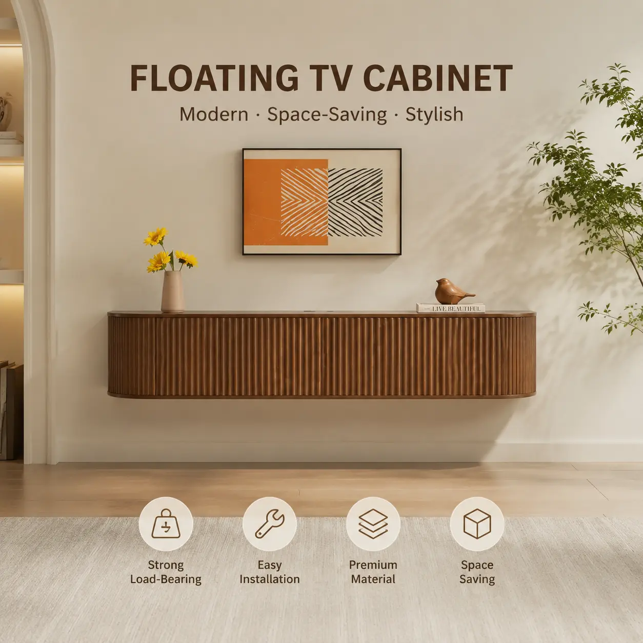 littleox 55" Wall Mounted Floating TV Cabinet with Fluted Doors, Large Capacity Media Console with Cable Management Holes for Living Room Bedroom, Compatible with Various Home Styles,Walnut