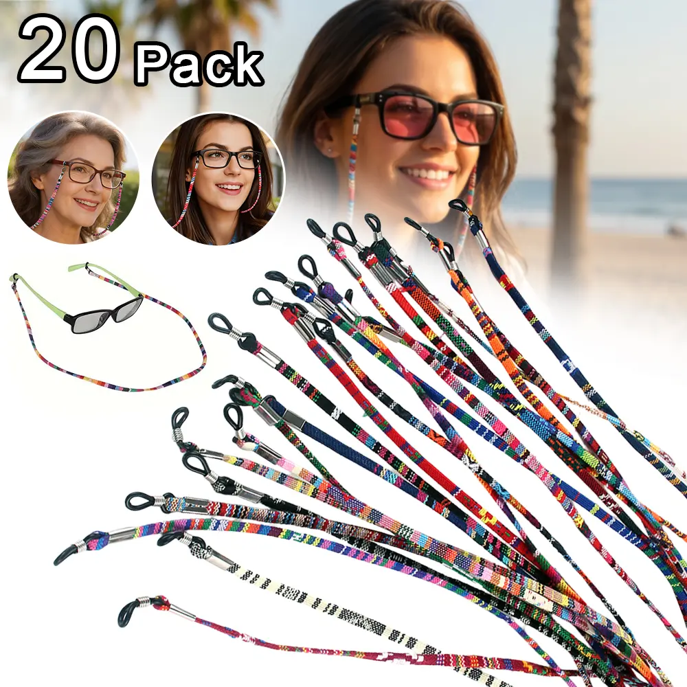 20-Piece Vibrant Ethnic Braided Eyeglass Straps for Women, Adjustable Anti-Slip Nylon Holder for Sunglasses & Myopia Glasses, Nylon Fabric, Neck Strap, National Look