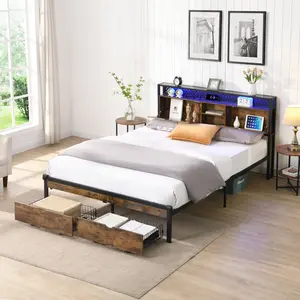Full/Queen/King Size Metal Platform Bed Frame - Wooden Headboard/Footboard, 2USB+2Outlets, 2Storage Drawers, LED Lights (Remote), No Box Spring, 600LBS Capacity