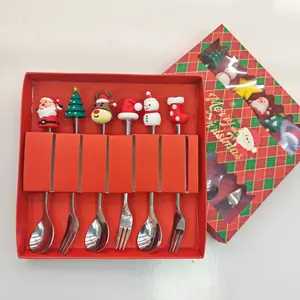 6-piece set in silver (3 spoons & 3 forks) stainless steel spoon creative Christmas tree coffee stirring spoon dessert fruit fork doll spoon fork tableware gift set