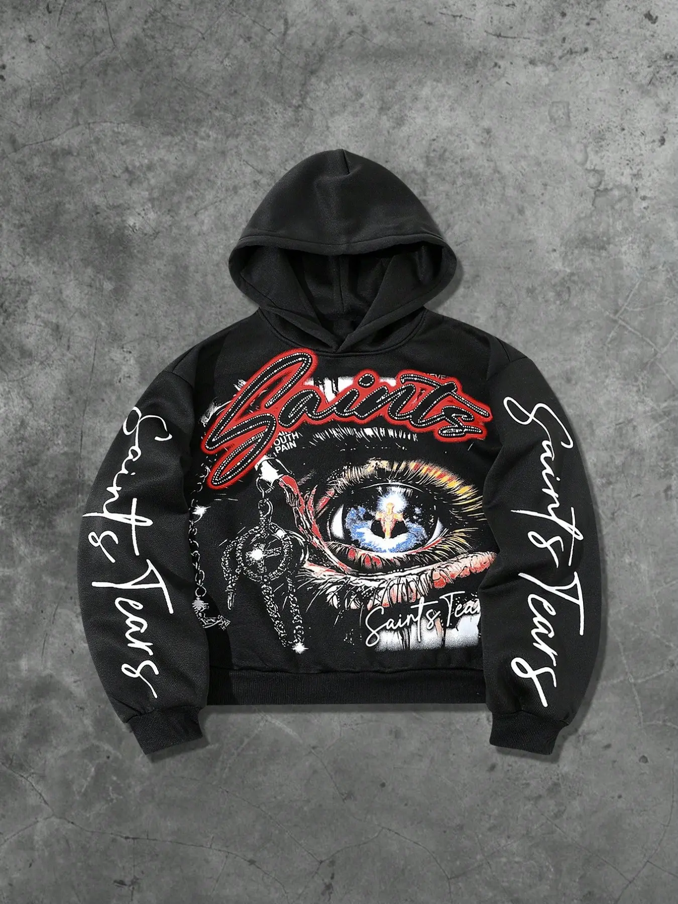 Men's Hooded Sweatshirt Fall Winter Streetwear, Gothic Style Hoodie, Bold Edgy Style, Streetwear Appeal, Eye Rhinestone Fabric, English Pattern Print, Casual Fitted Style, Geometric Design