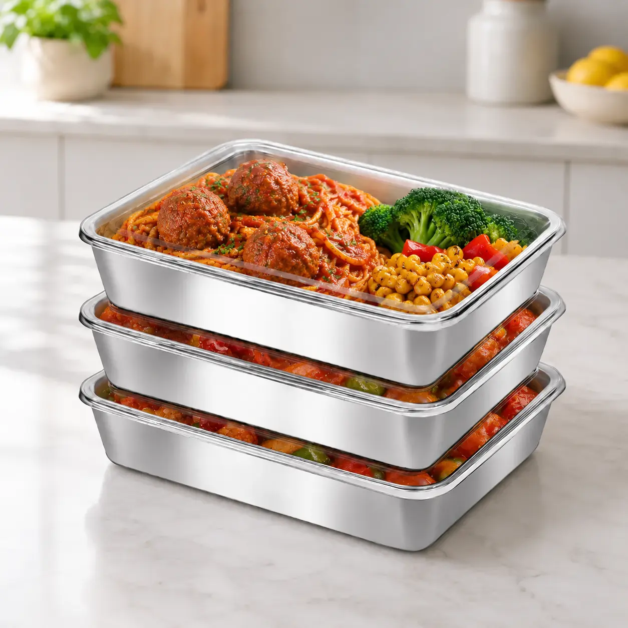 Stainless Steel Food Storage Container Set, Deep Metal Meal Prep Pans, Stackable Baking & Prep Trays for Roasting, Leftovers & Meal Prep, Oven & Dishwasher Safe, Reusable Plastic-Free Containers for Kitchen, Fridge & Freezer