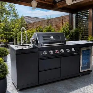 ARCH 85-Inch 4-Burner Stainless Steel Gas Grill Island Outdoor Kitchen with 72000 BTU, Rotisserie Kit, Wine Cooler Refrigerator, Granite Countertops, Sink, Storage Cabinets, Black, for Patio Backyard BBQ, Black Color Options, Stainless Steel Material