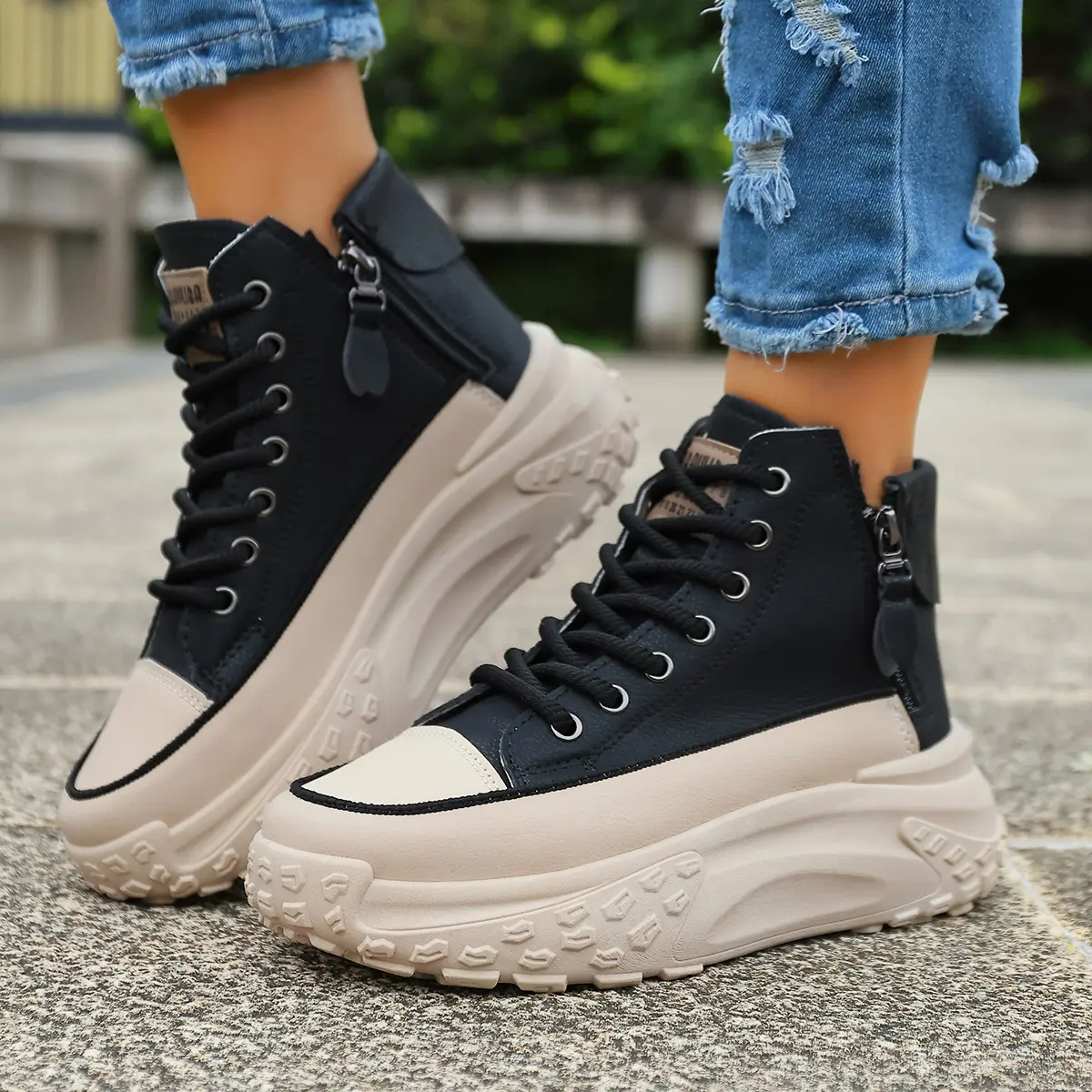 Y2K Aesthetic Platform High Top Sneakers - Chunky Sole Zipper Sneaker Boots, Contrast Patchwork Streetwear Casual Kicks for Women & Teen Girls