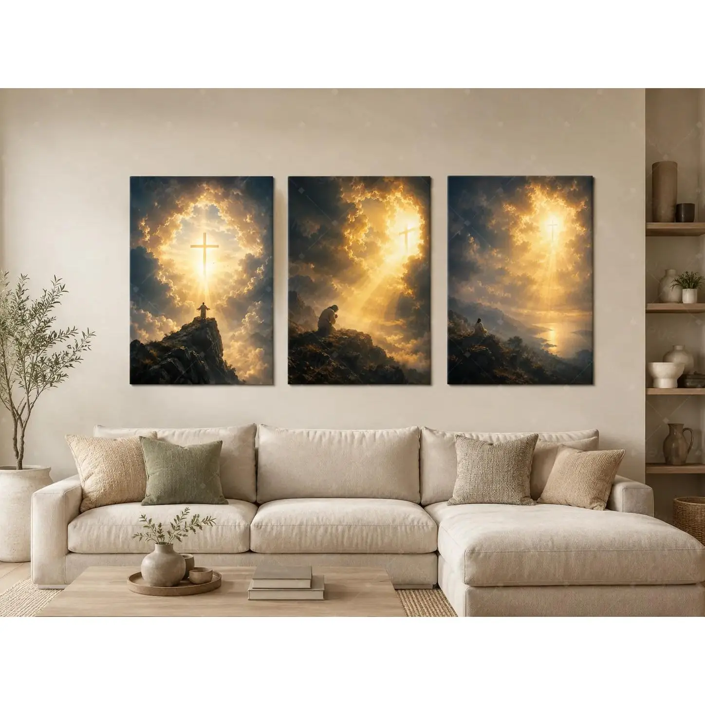 3 Piece Framed Christian Cross & Prayer Canvas Wall Art, Heavenly Light Religious Poster, Golden Hour Aesthetic Decor for Living Room Bedroom Church Office, Faith & Spiritual Lover Gift,wall decor,poster.